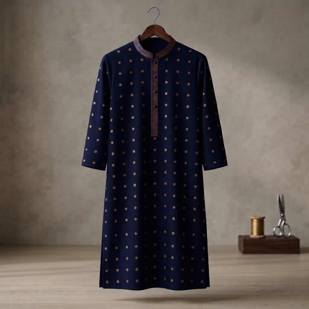 Navy Gold Dot Bloom Kurta - Karandi