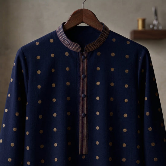 Navy Gold Dot Bloom Kurta - Karandi