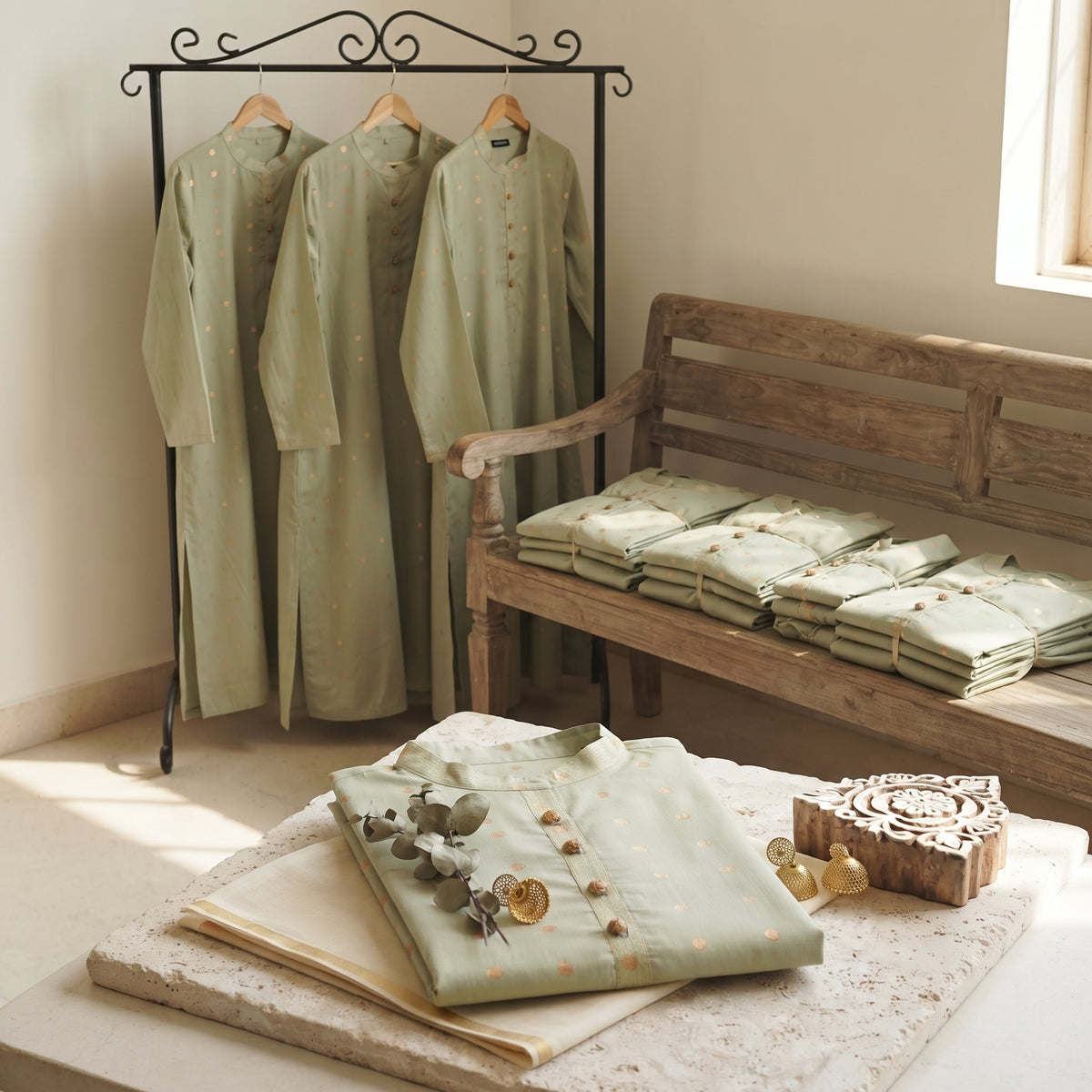 Mint Aira Kurta - Golden Polka Dots