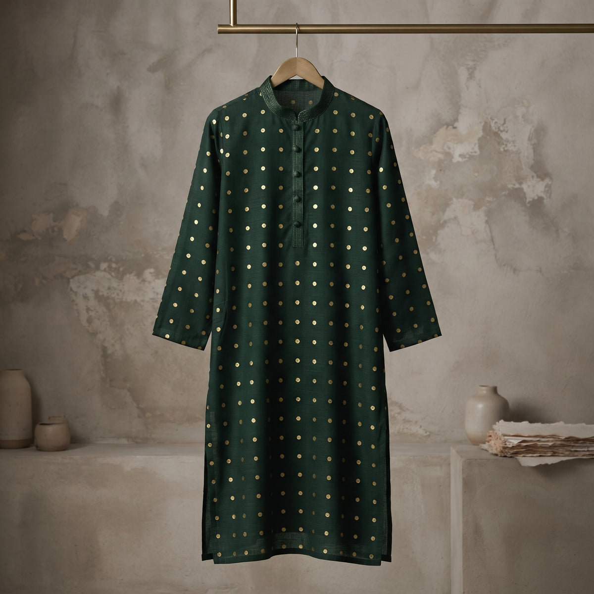 Green Dot Bloom Kurta - Karandi