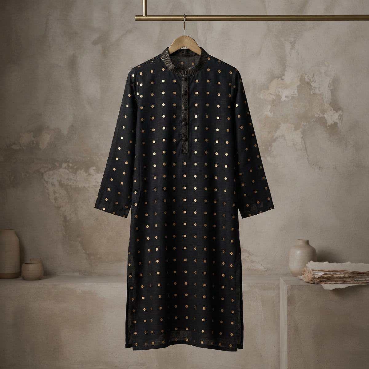 Black Gold Dot Bloom Kurta - Karandi