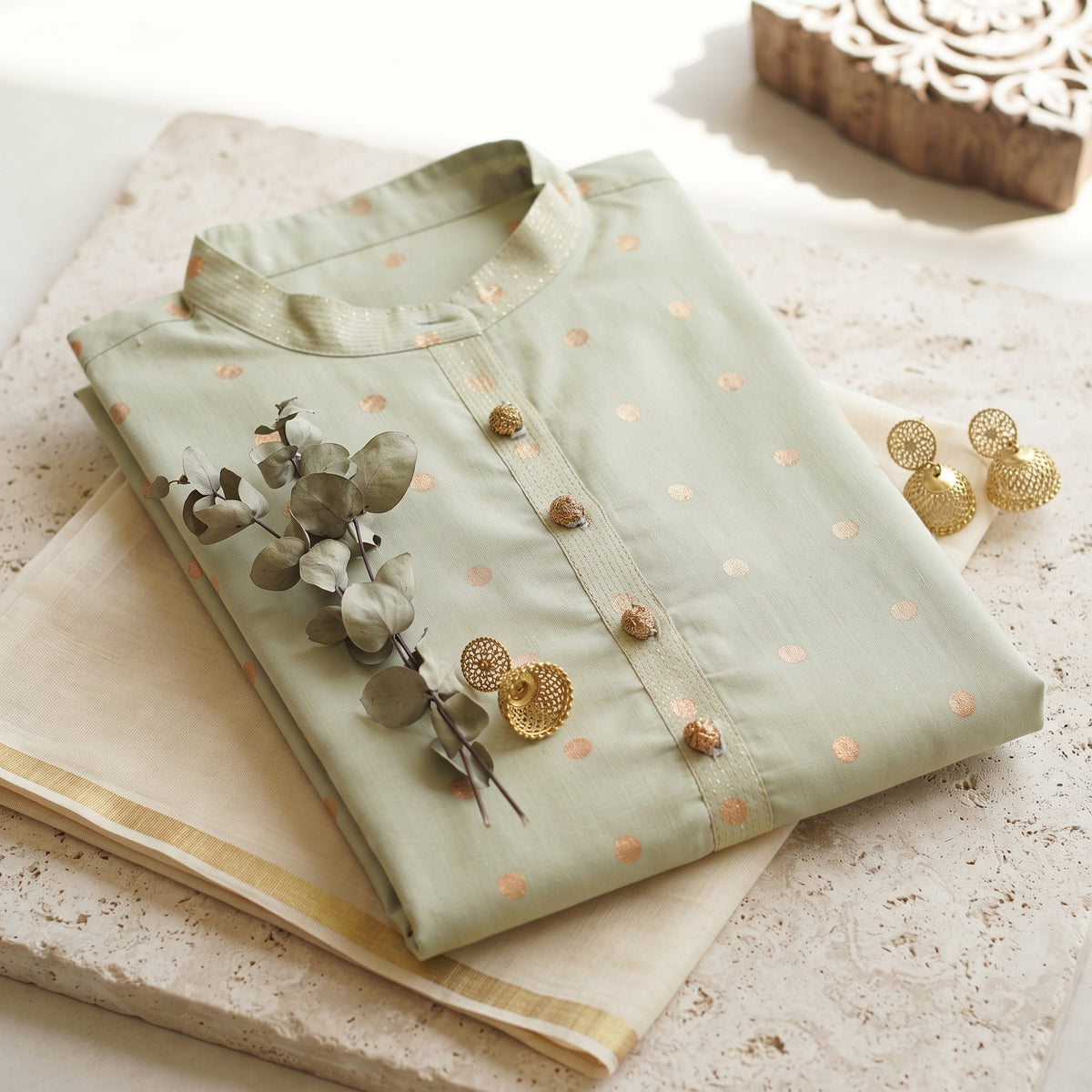 Mint Aira Kurta - Golden Polka Dots