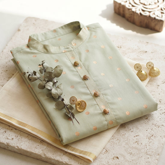 Mint Aira Kurta - Golden Polka Dots