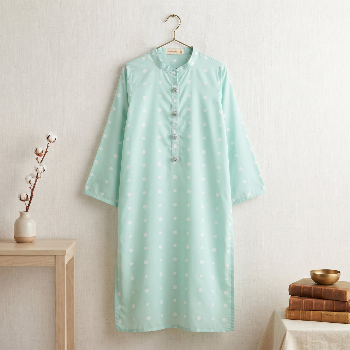 Azure Edit Kurta - White Polka Dots