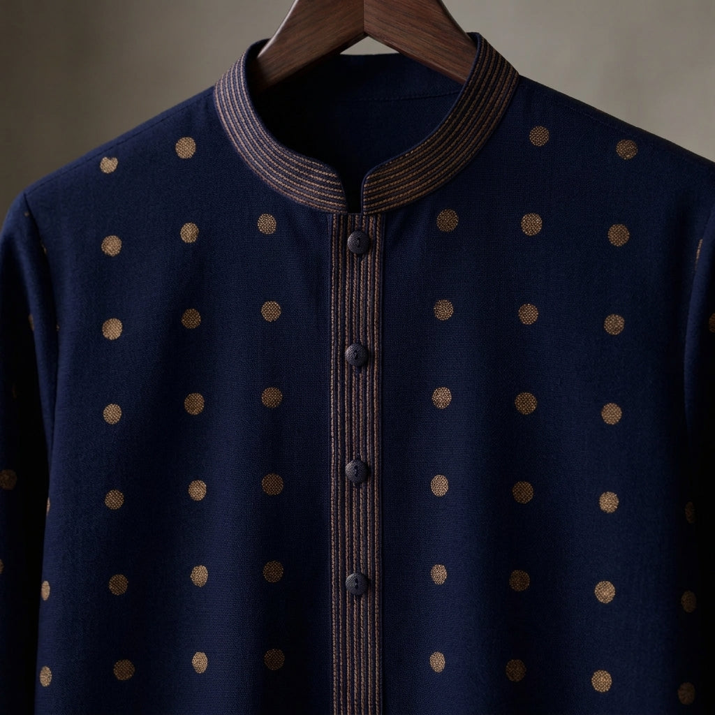 Navy Gold Dot Bloom Kurta - Karandi