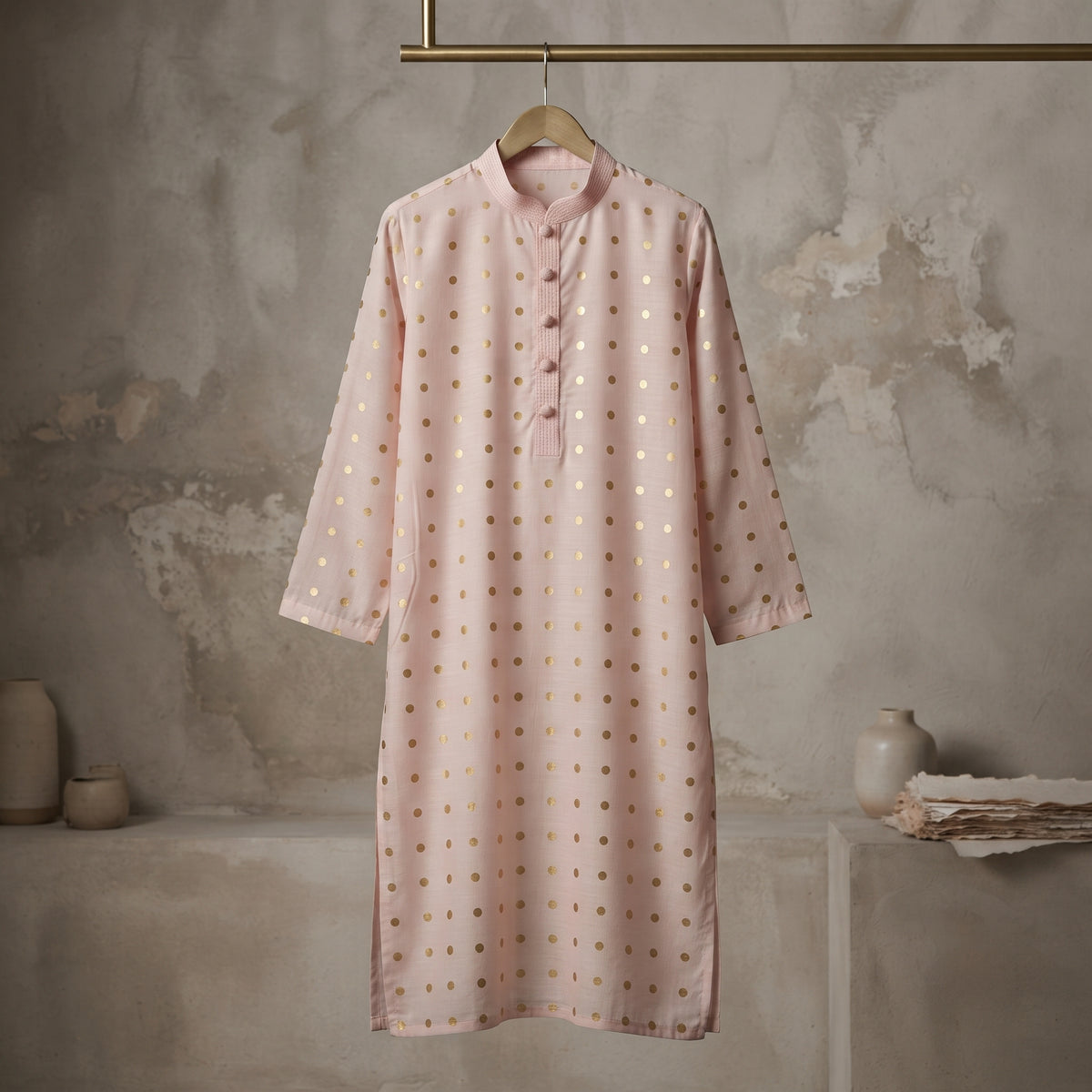 Pink Gold Dot Bloom Kurta - Karandi