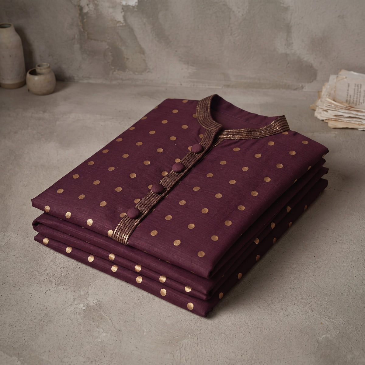 Plum Dot Bloom Kurta - Karandi