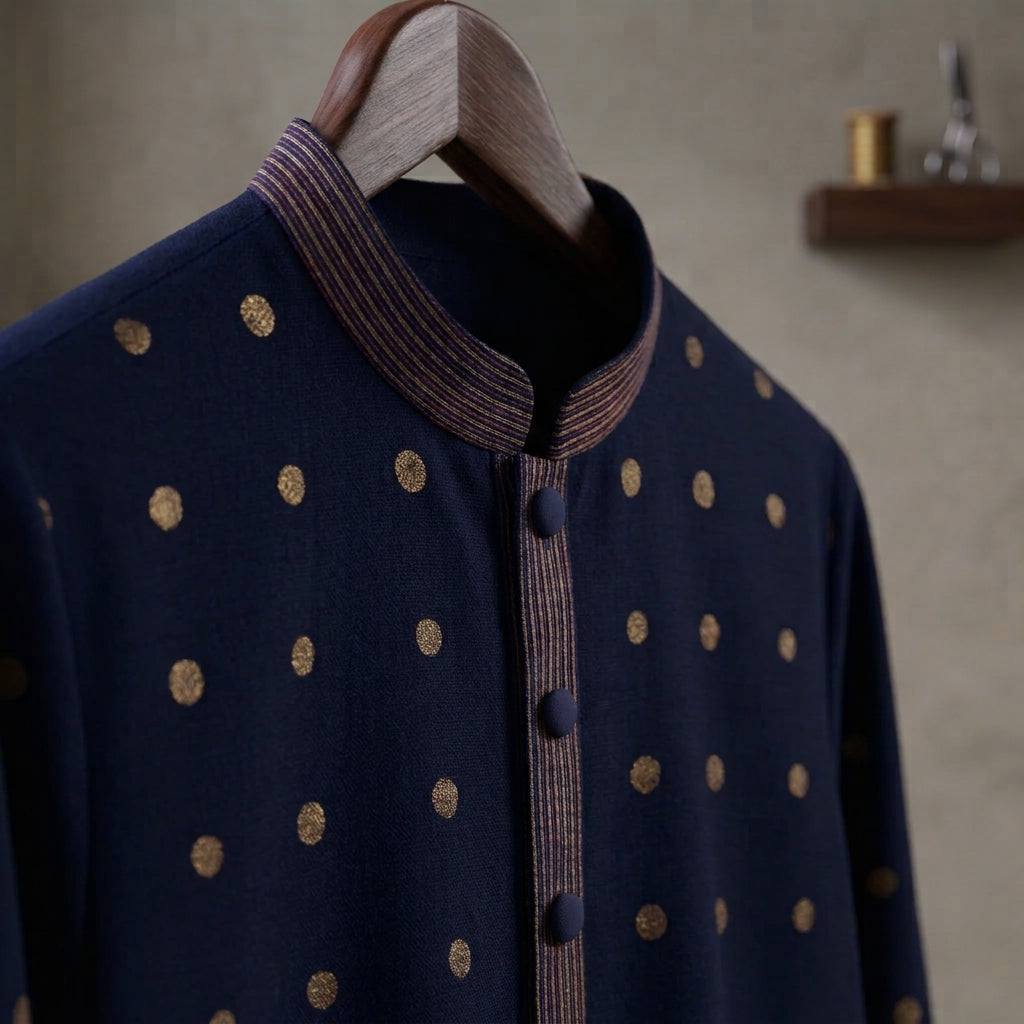 Navy Gold Dot Bloom Kurta - Karandi