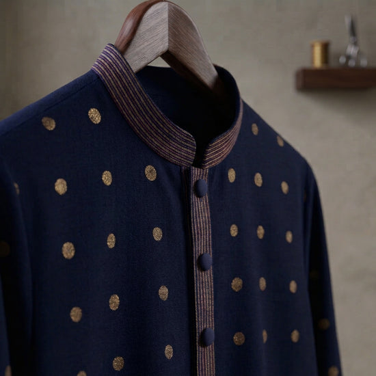 Navy Gold Dot Bloom Kurta - Karandi