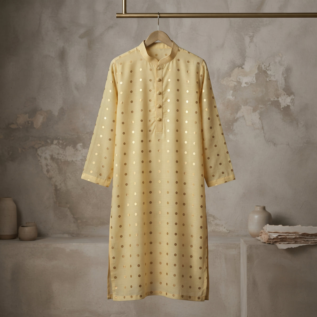Lime Gold Dot Bloom Kurta - Karandi