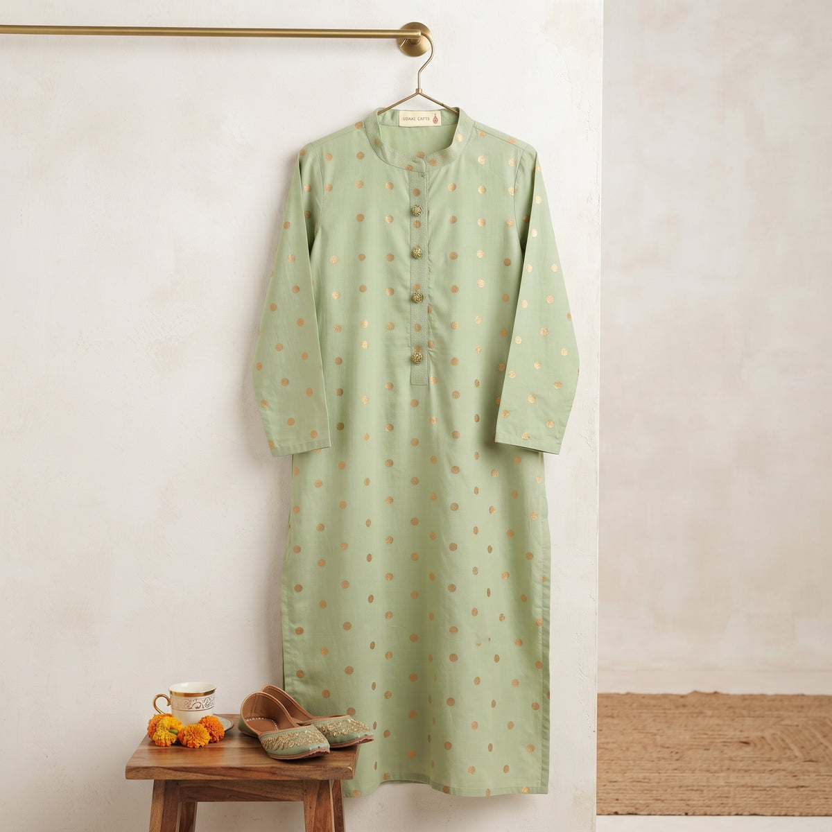 Mint Aira Kurta - Golden Polka Dots