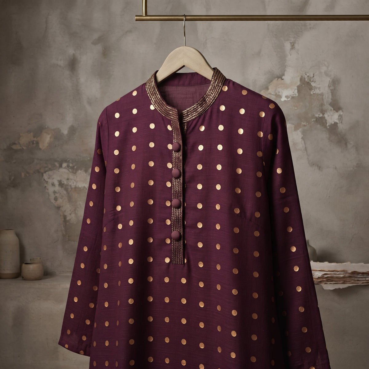 Plum Dot Bloom Kurta - Karandi