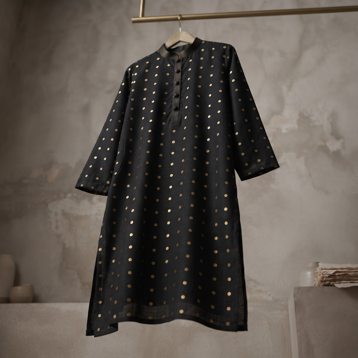 Black Gold Dot Bloom Kurta - Karandi