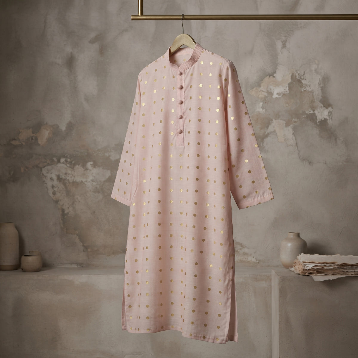 Pink Gold Dot Bloom Kurta - Karandi