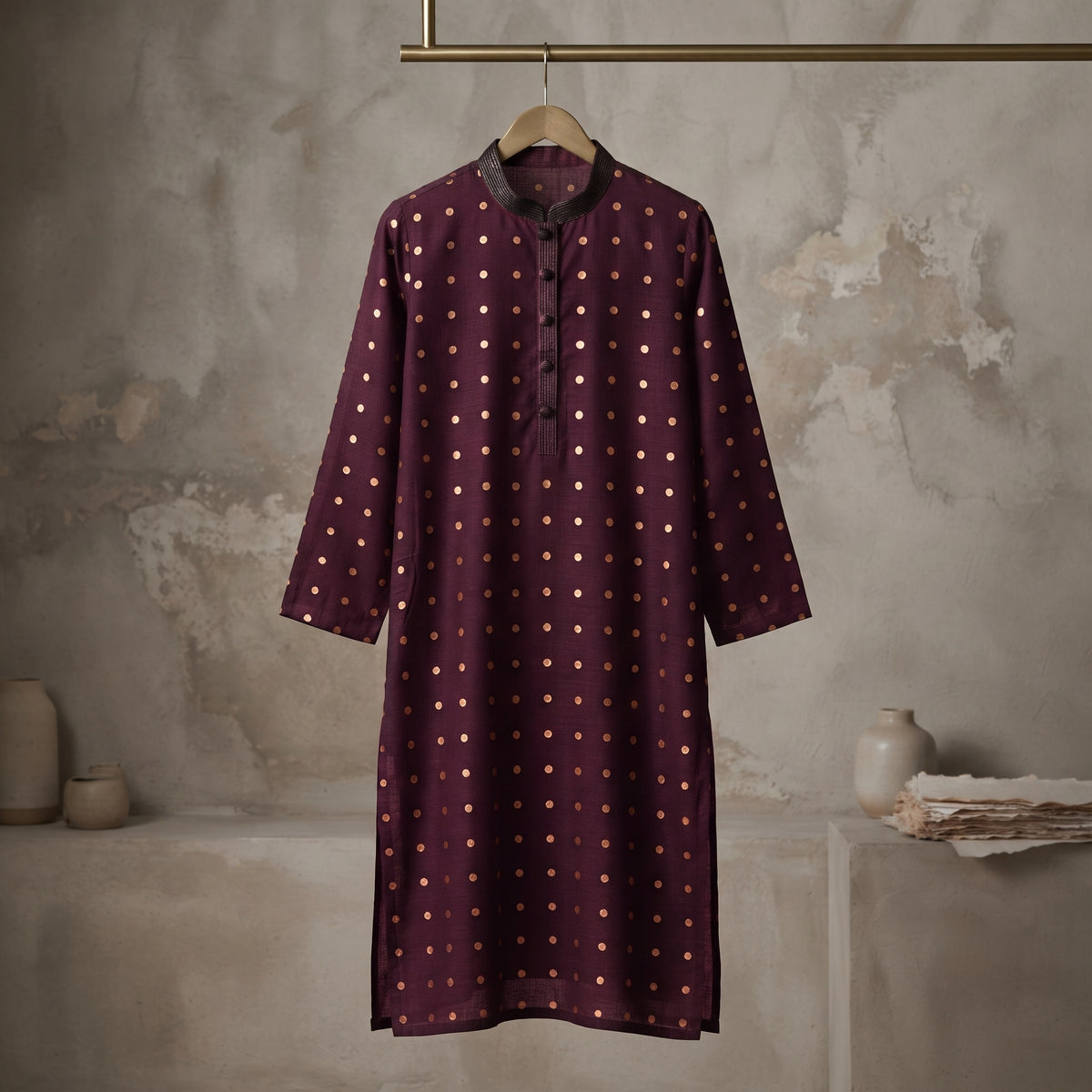 Plum Dot Bloom Kurta - Karandi