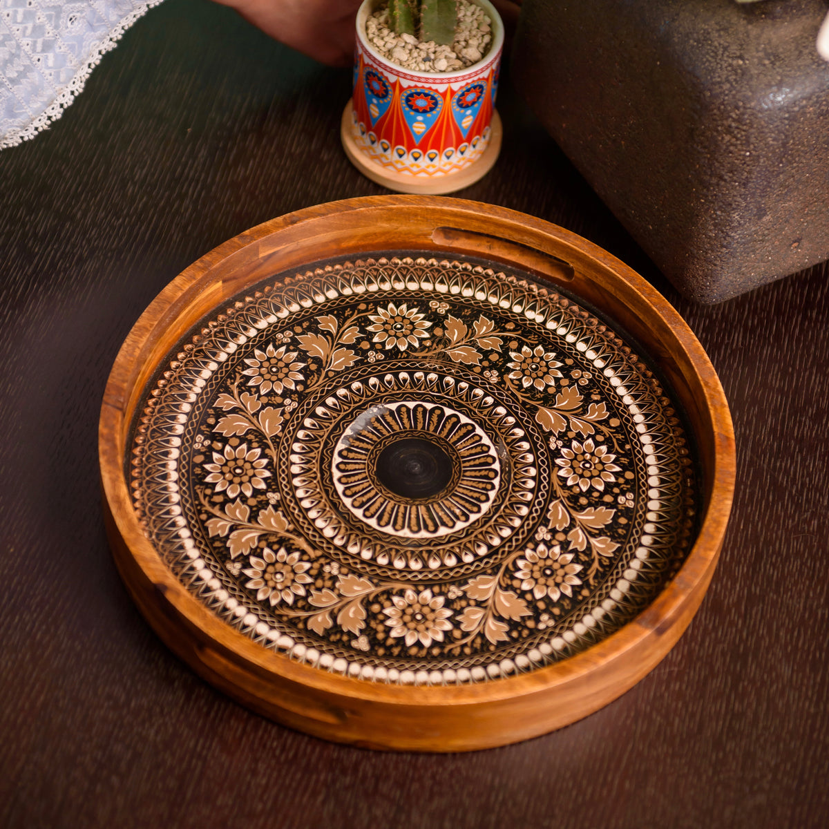 buy online handmade gold and black lacquer wooden tray in Pakistan